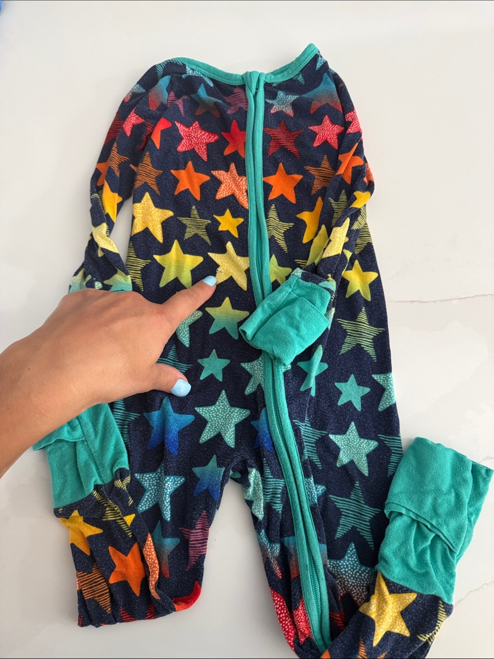 Little Sleepies Navy Star One-Piece Footie with Teal Trim